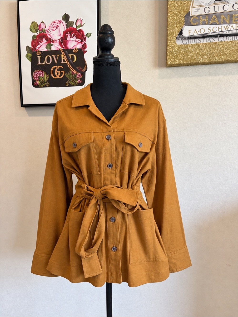 Halston Linen Blend Utility Jacket Belted Shacket Camel Brown M NWOT